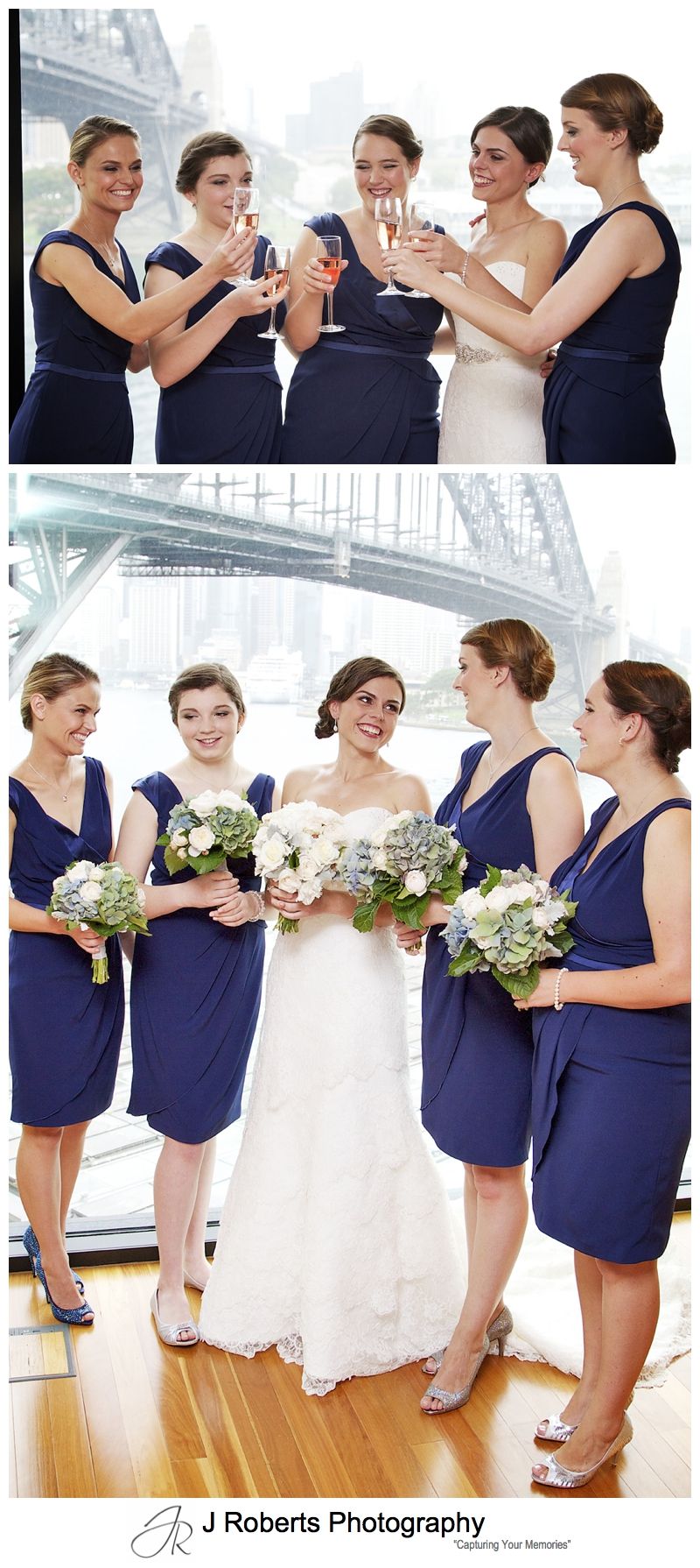 Bride celebrating with bridesmaids in blue - sydney wedding photography